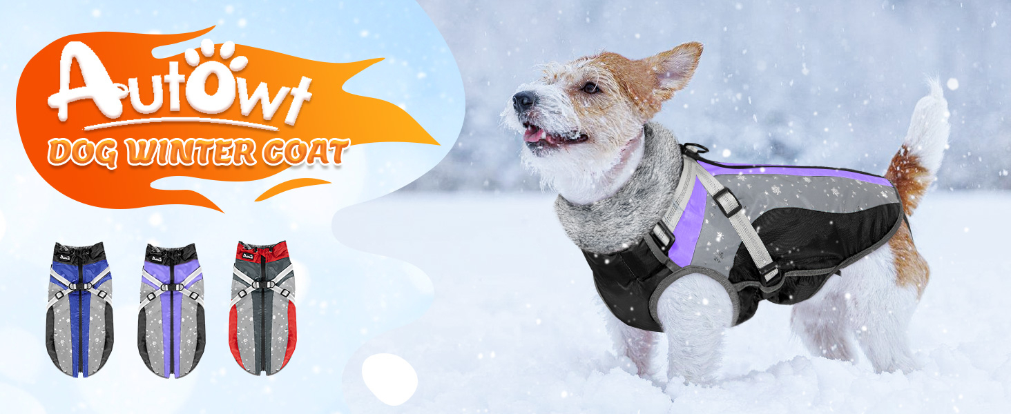 AUTOWT Winter Dog Coat with Detachable Harness, Waterproof Fleece Lining Warm Dog Jacket