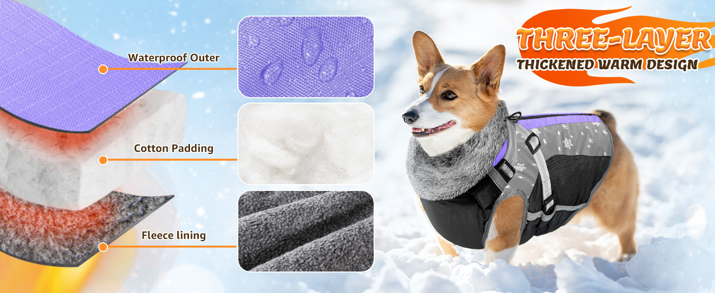 AUTOWT Winter Dog Coat with Detachable Harness, Waterproof Fleece Lining Warm Dog Jacket